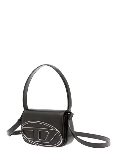 Diesel 1dr Black Shoulder Bag With Oval D Patch In Leather Woman In Black