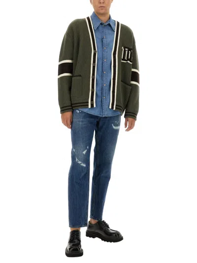 Dolce & Gabbana Striped Virgin Wool V-neck Cardigan In Green