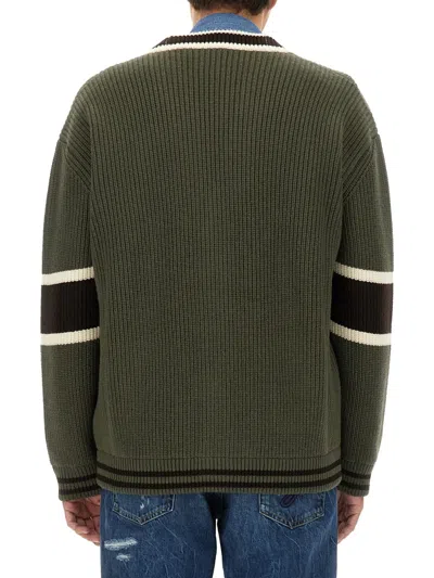 Dolce & Gabbana Striped Virgin Wool V-neck Cardigan In Green