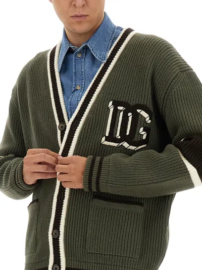 Dolce & Gabbana Striped Virgin Wool V-neck Cardigan In Green