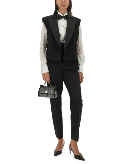 Dolce & Gabbana Sleeveless Double-breasted Wool Gabardine Tuxedo Jacket In Black