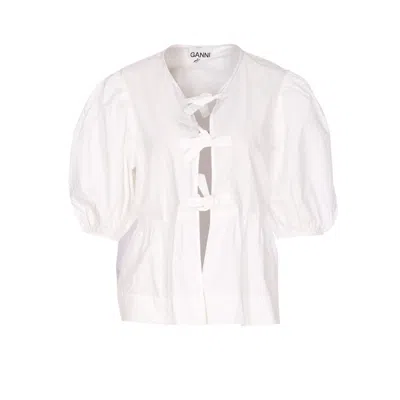 Ganni Crewneck Cotton Peplum Top Flounces In White