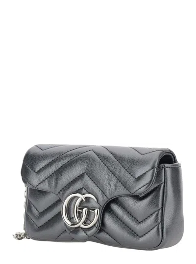 Gucci Women 'ophidia' Metallic Mini Bag With Chain-link Shoulder Strap And Gg Plaque On The Front In In Silver