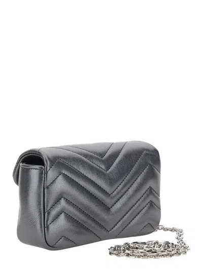 Gucci Women 'ophidia' Metallic Mini Bag With Chain-link Shoulder Strap And Gg Plaque On The Front In In Silver