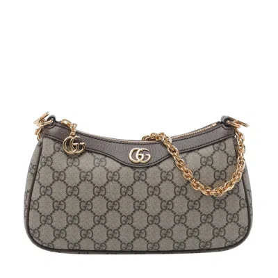 Gucci Women Beige Shoulder Bag With Gg Plaque On The Front And Chain-link Handle In Gg Canvas Woman In Brown