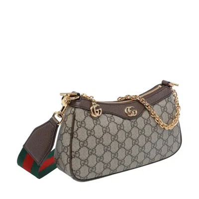 Gucci Women Beige Shoulder Bag With Gg Plaque On The Front And Chain-link Handle In Gg Canvas Woman In Brown