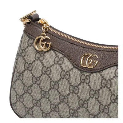 Gucci Women Beige Shoulder Bag With Gg Plaque On The Front And Chain-link Handle In Gg Canvas Woman In Brown