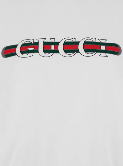 Gucci Women White Crewneck Sweatshirt With Logo Print And Web Detail In Cotton Woman In White