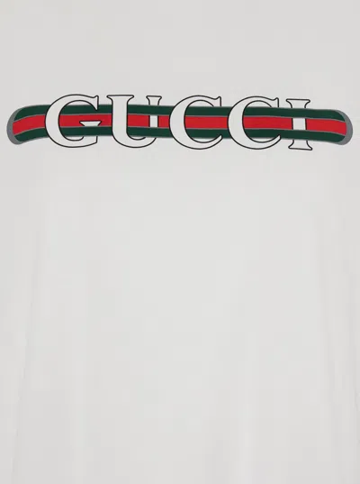 Gucci Women White Crewneck T-shirt Wth Web Print With Logo Lettering On The Front In Cotton Woman