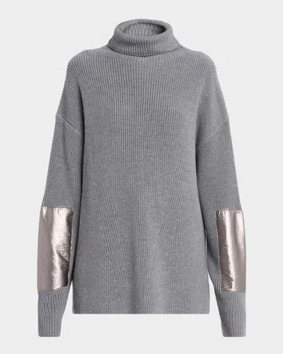 Lapointe Metallic Leather-patch Merino Wool Turtleneck Sweater In Blue