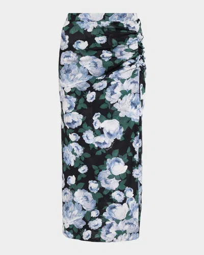 Stella Mccartney Ruched Floral-print Stretch-mesh Midi Skirt In Green