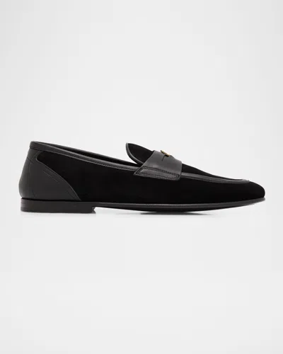 Dolce & Gabbana Ariosto Black Loafers With Metallic Dg Logo Plate On The Front In Leather And Suede Man In Multi