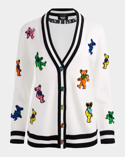 Alice And Olivia Bradford Bear-embroidered Cardigan In White