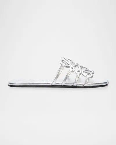 Loewe Petal Anagram Metallic Leather Slide Sandals In Silver