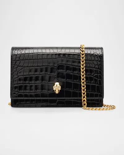 Alexander Mcqueen Skull Small Embossed Croc Leather Crossbody Bag In Black