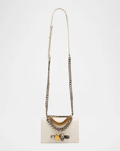 Alexander Mcqueen Mini Jeweled Croc-embossed Satchel Bag In White