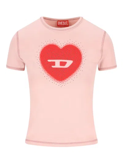 Diesel Heart Cotton T-shirt Rhinestone Graphic In Pink