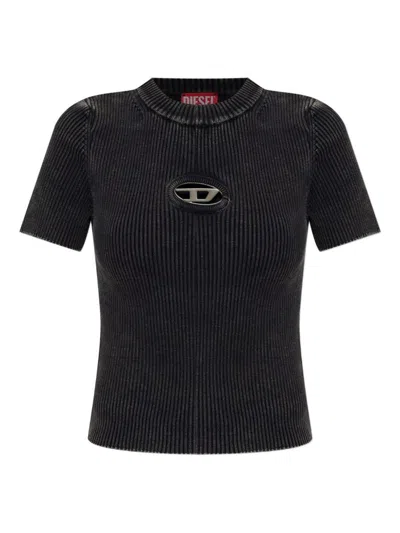 Diesel Short Sleeve Ribbed Crew Neck Top In Black