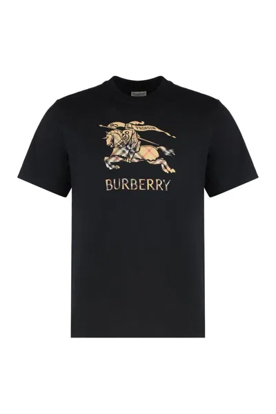 Burberry Men Black Crewneck T-shirt With Ekd And Logo Lettering Embroidery On The Front In Cotton Ma