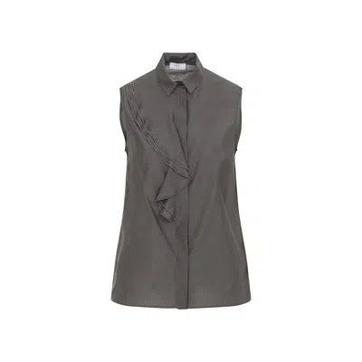 Peserico Silk Cotton Top Collared Neck Ruffle Sleeveless In Gray