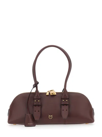 Pinko Bowling Bag Horizontal Big Brown Handbag With Adjustable And Removable Shoulder Strap And Padl In Red