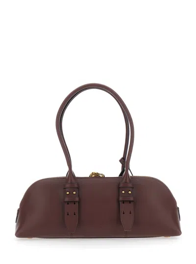 Pinko Bowling Bag Horizontal Big Brown Handbag With Adjustable And Removable Shoulder Strap And Padl In Red