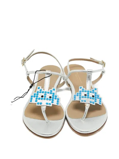 Pre-owned Anya Hindmarch Leather Appliqué Flat Sandals In Silver