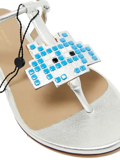 Pre-owned Anya Hindmarch Leather Appliqué Flat Sandals In Silver