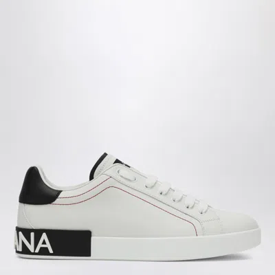 Dolce & Gabbana Portofino White Low Top Sneakers With Patch Logo And Red Stitching In Smooth Leather Man