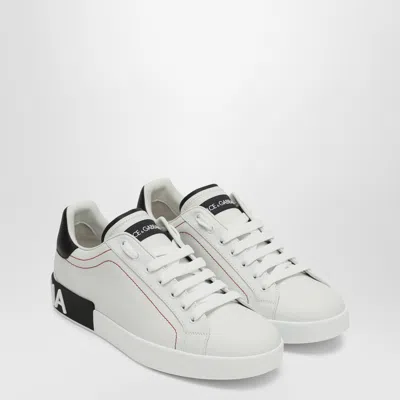 Dolce & Gabbana Portofino White Low Top Sneakers With Patch Logo And Red Stitching In Smooth Leather Man
