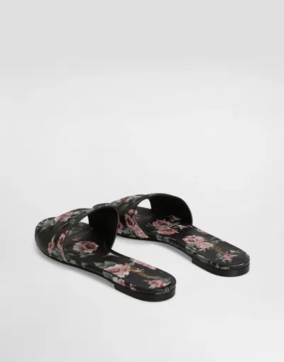 Dolce & Gabbana Calfskin Flat Slippers With Rose Print In Multi