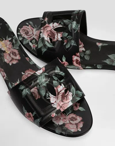 Dolce & Gabbana Calfskin Flat Slippers With Rose Print In Multi