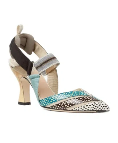Fendi Mesh And Printed Leather High-heeled Slingbacks In Multi