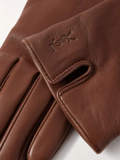 Saint Laurent Leather Gloves In Brown