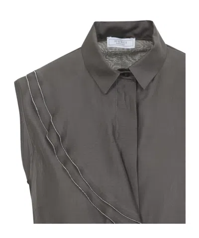 Peserico Silk Cotton Top Collared Neck Ruffle Sleeveless In Gray