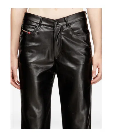 Diesel Faux Leather Wide Leg Trousers Belt Loops In Black