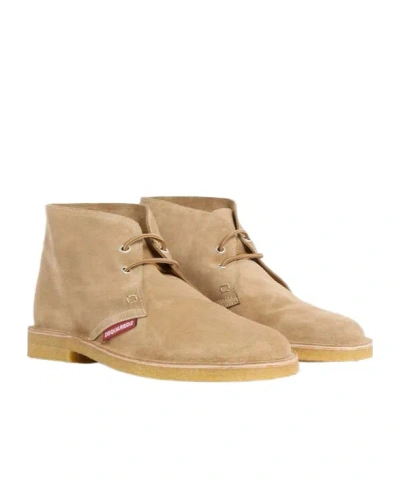 Dsquared2 Men Beige Laced-up Shoes With Logo Patch On The Side In Suede Man In Multi