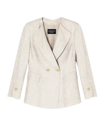 Emporio Armani Double-breasted Jacket In Icon Textured Jacquard Fabric In White