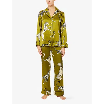 Olivia Von Halle Womens Lila Chanson Leopard-print Silk Pyjama Set Xs In Green