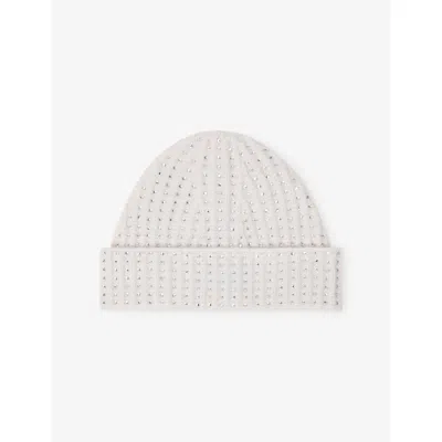 Maje Womens Ecru Rhinestone-embellished Wool Beanie Hat In White