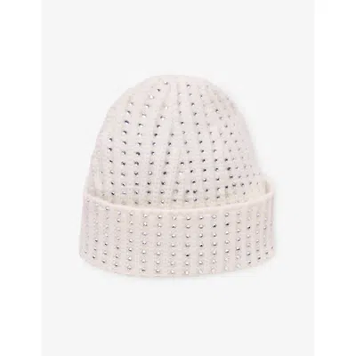 Maje Womens Ecru Rhinestone-embellished Wool Beanie Hat In White