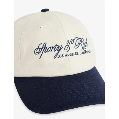 Sporty And Rich Womens Ecru Dark Navy Farm Inter Embroidered Wool Cap In White