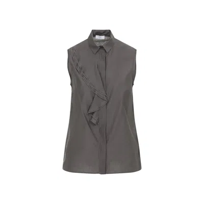 Peserico Silk Cotton Top Collared Neck Ruffle Sleeveless In Gray