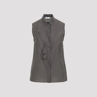 Peserico Silk Cotton Top Collared Neck Ruffle Sleeveless In Gray