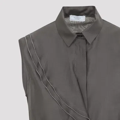 Peserico Silk Cotton Top Collared Neck Ruffle Sleeveless In Gray