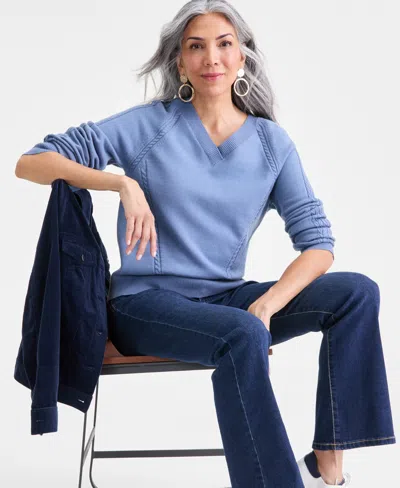 Style & Co Petite Puff Sleeve V-neck Sweater, Macy's Exclusive In Blue