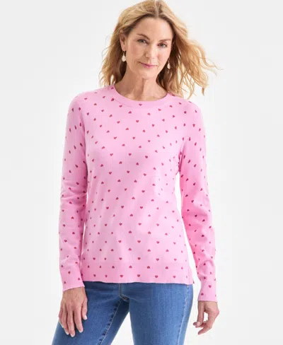 Style & Co Petite Printed Crewneck Pull-on Sweater, Macy's Exclusive In Pink