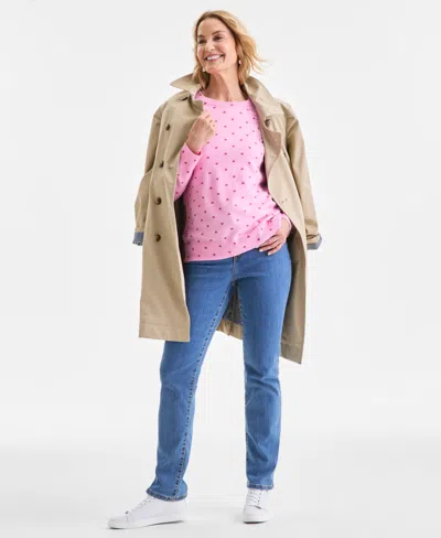 Style & Co Petite Printed Crewneck Pull-on Sweater, Macy's Exclusive In Pink