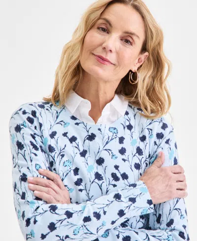 Style & Co Women's Printed Crewneck Pullover Sweater, Macy's Exclusive In Blue