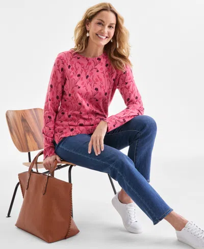 Style & Co Women's Printed Crewneck Pullover Sweater, Macy's Exclusive In Pink